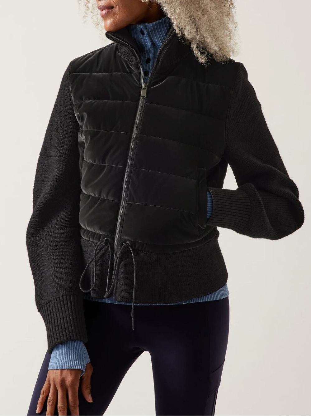Athleta Black Hanover Hybrid Quilted Velvet Ribbed Knit Sleeves Jacket Sz XXS